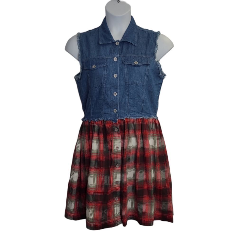 VINTAGE 90s grunge plaid‎ and denim sleeveless mini dress M